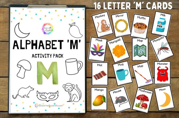 phonics beginning sound cards for letter M for kids, early learning resource